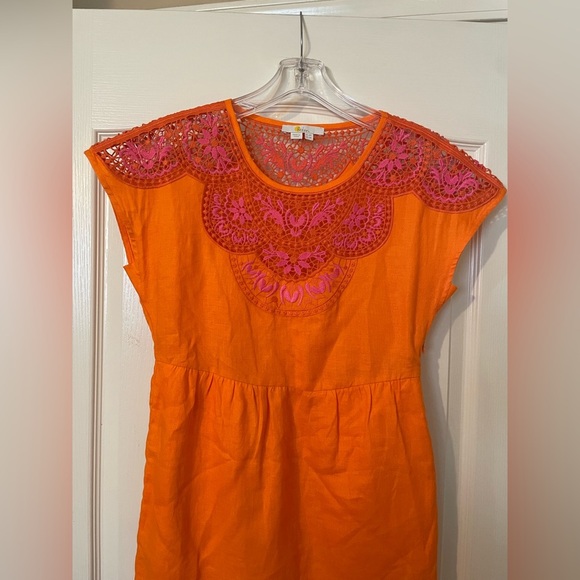 BODEN Fleur Embroidered 100% Linen Crochet Dress Orange Pink Size 2 Easter Party - Picture 3 of 9